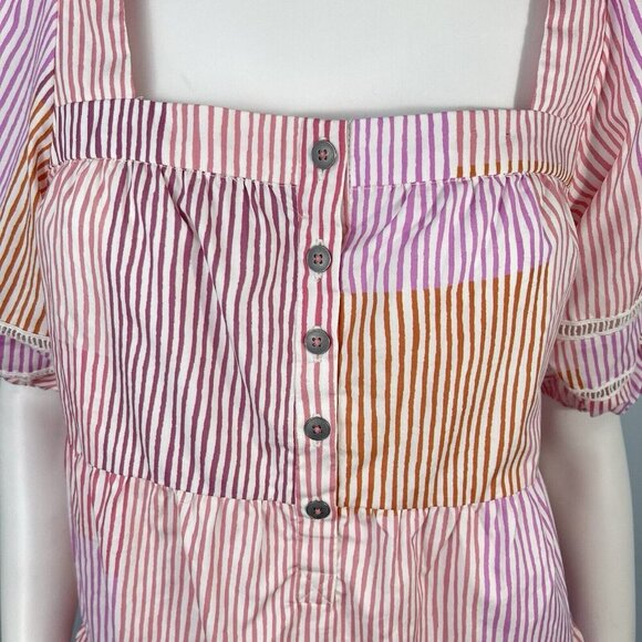 Anthropologie Maeve Gable Tiered Tunic Square Neck Puff Sleeves Top Pink -Small - Picture 3 of 15